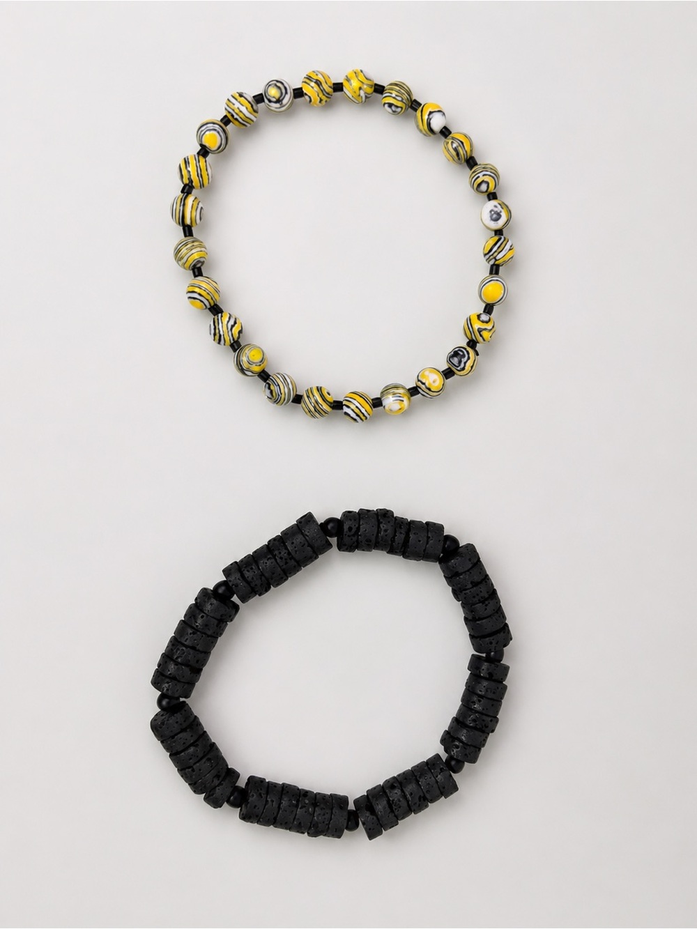 Yellow Swirl & Black Lava Rock Bracelet Set 9”